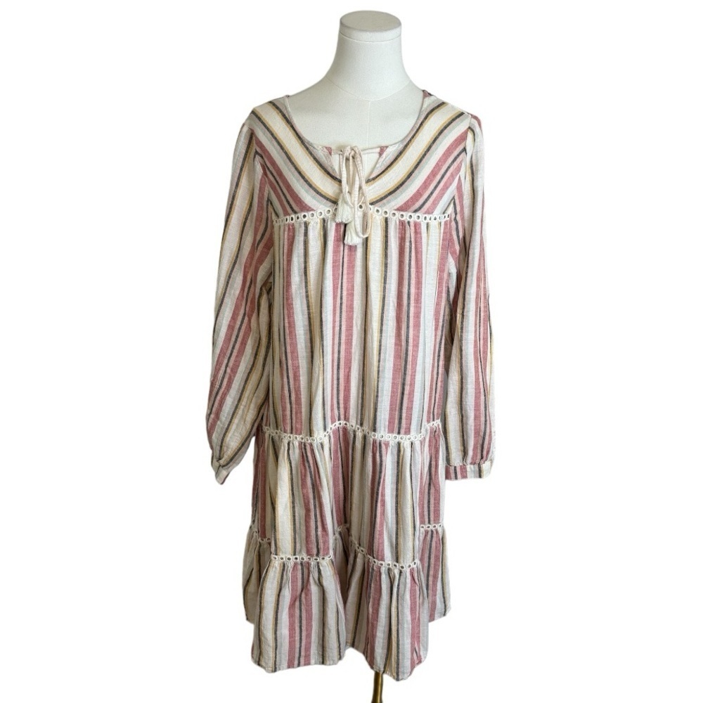 CASLON Striped Cotton Linen Blend Dress Babydoll Size XL Pink‎ Midi Lined Casual